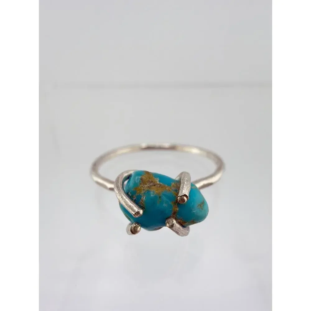 Raw Turquoise Nugget Prong Set Delicate Band Ring Size 8